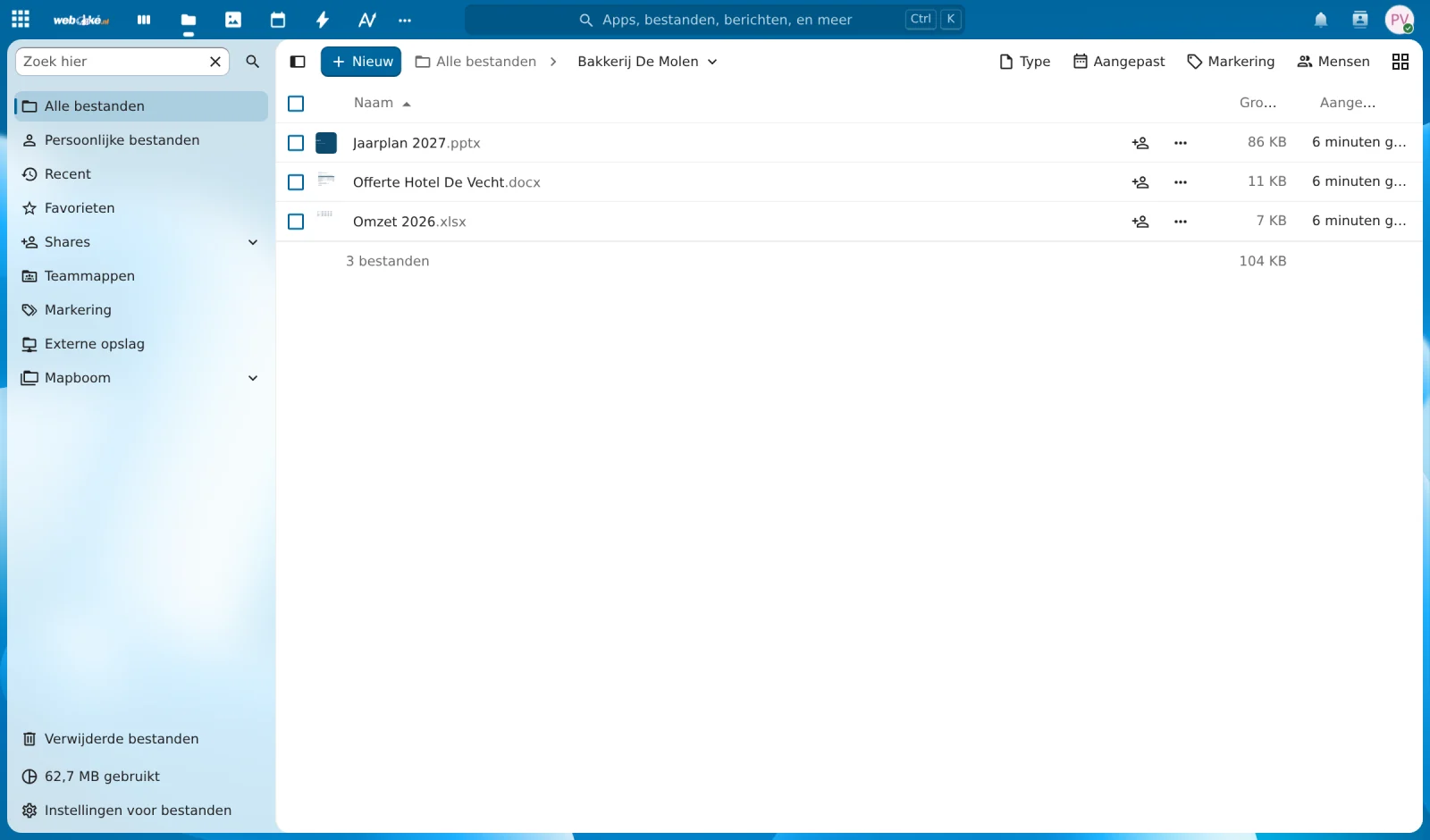 Datoteke v Nextcloudu; klik na dokument ga odpre v Euro-Office