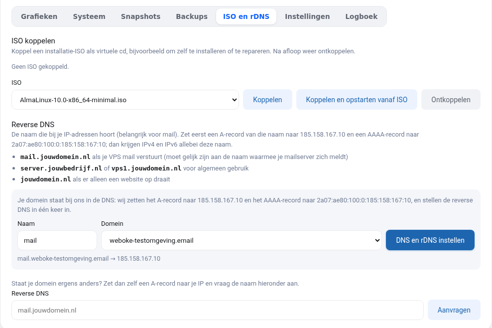 Zavihek ISO in rDNS z razdelkom Reverse DNS
