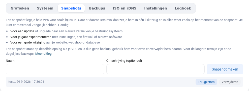 Zavihek Posnetki stanja na zaslonu VPS